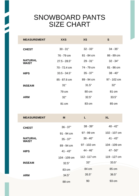 Snowboard Pants Size Chart