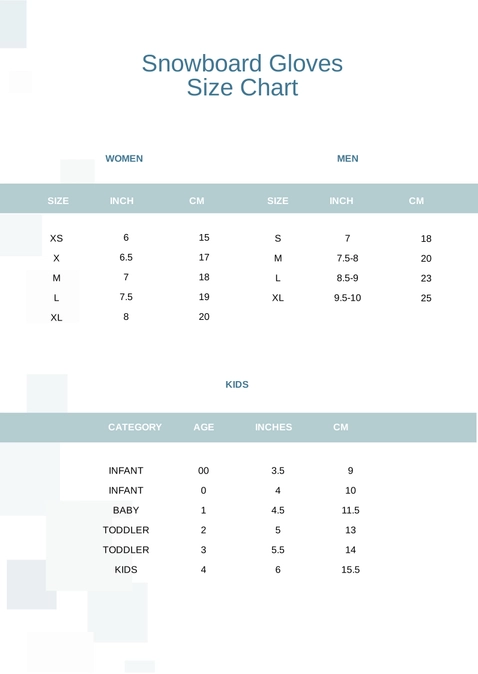 Snowboard Glove Size Chart