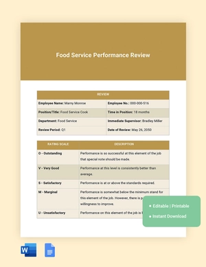 Food Service Performance Review Template