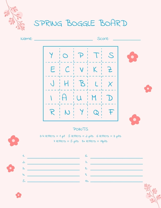 Spring Boggle Board Template