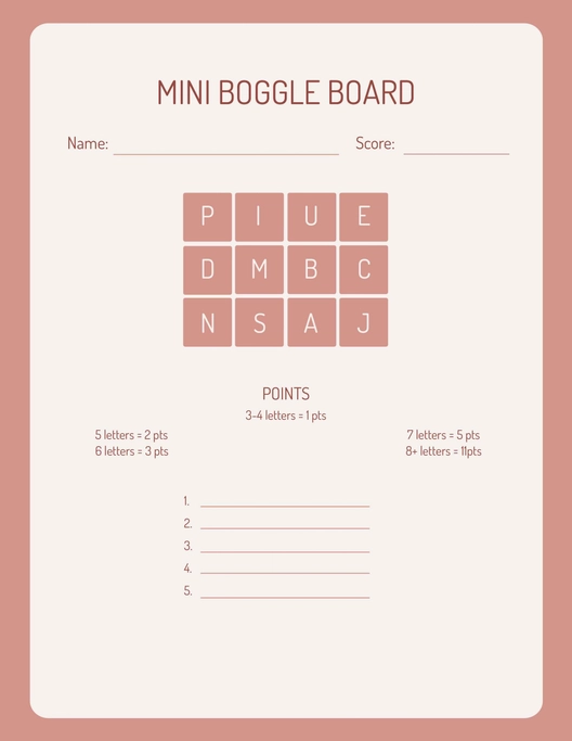 Mini Boggle Board Template