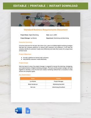 Standard Business Requirements Document Template