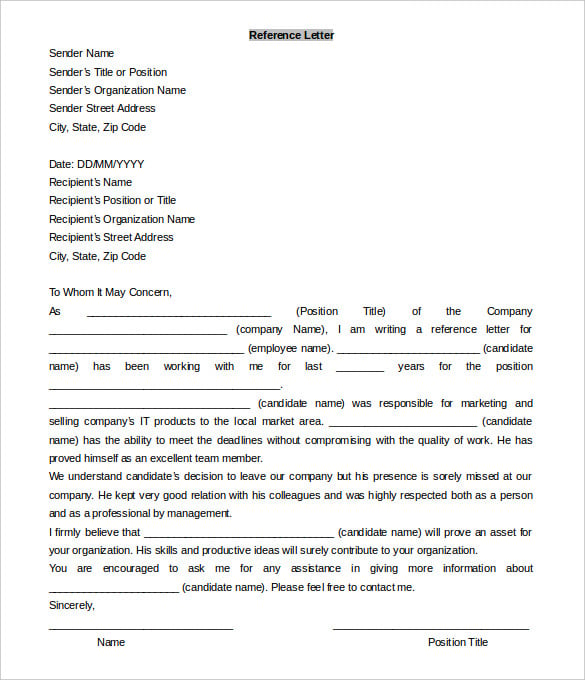 printable reference letter template ms word sample
