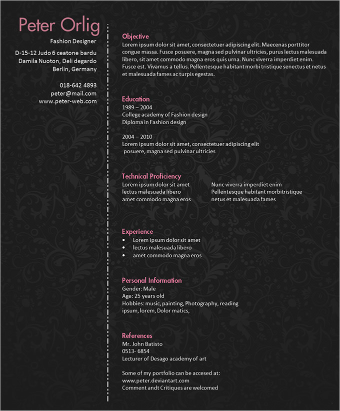 fashion designer cv template