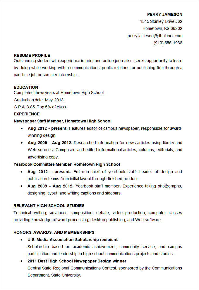 sample high school student resume template