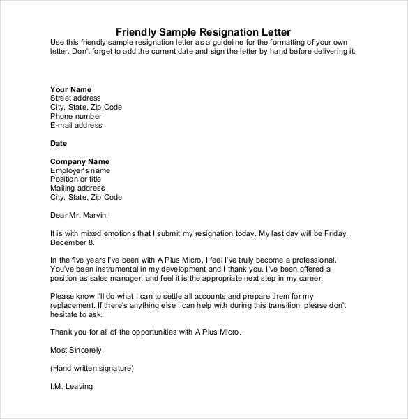 friendly sample resignation letter