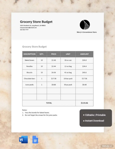 grocery store budget template