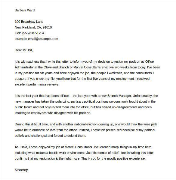 resignation letter due to hostile work environment