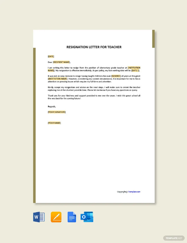 resignation letter template for teacher