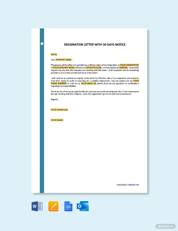 resignation letter with 30 day notice template