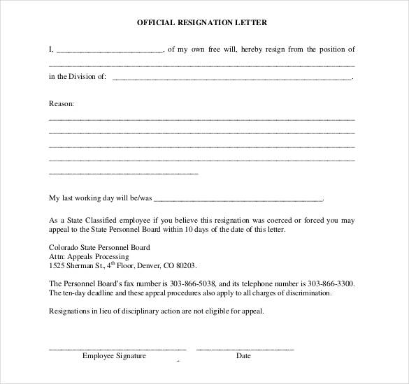 sample official resignation letter printable