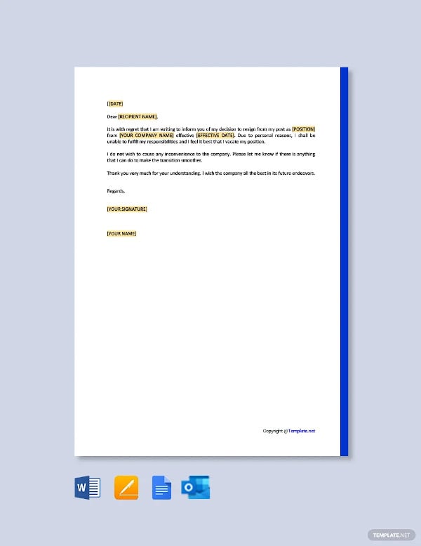 short resignation letter for personal reason template