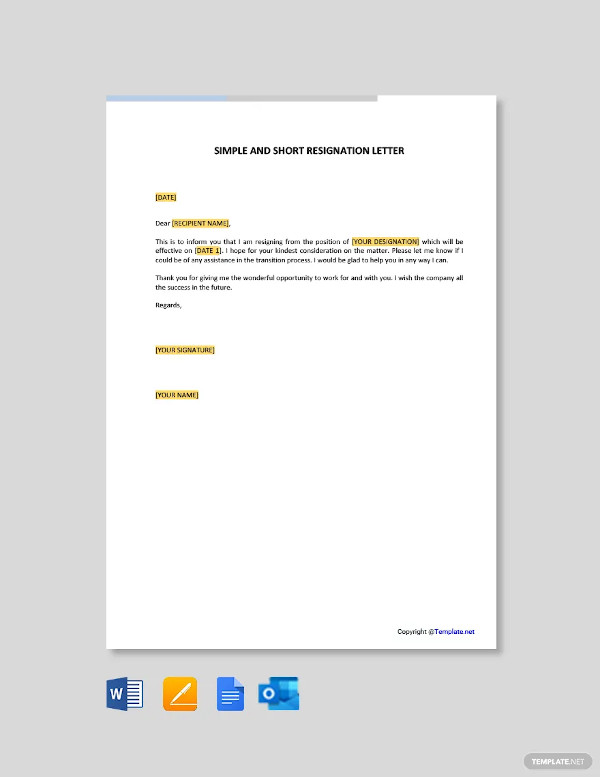simple and short resignation letter template