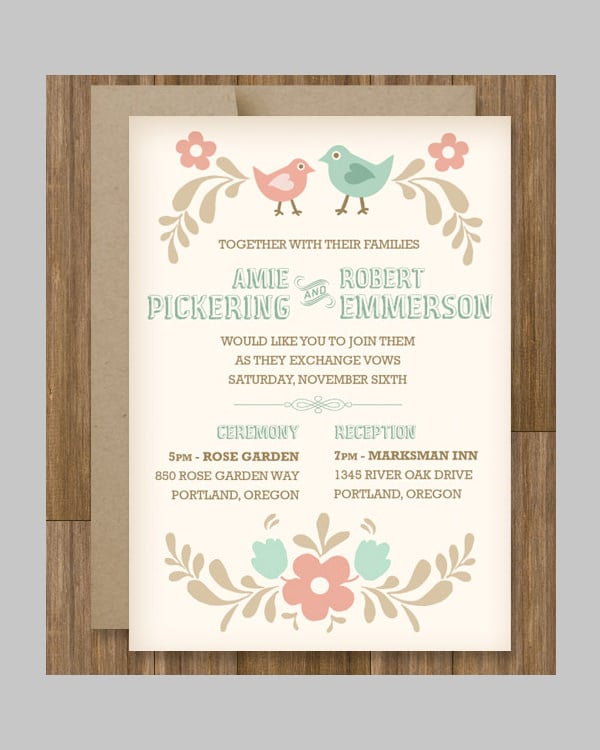 folksy love birds wedding invitation