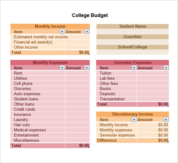free download college budget template