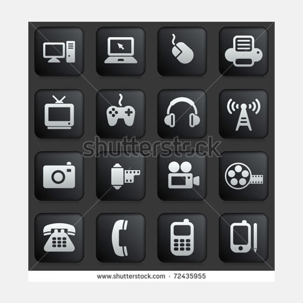 technology icon on square black and white button collection