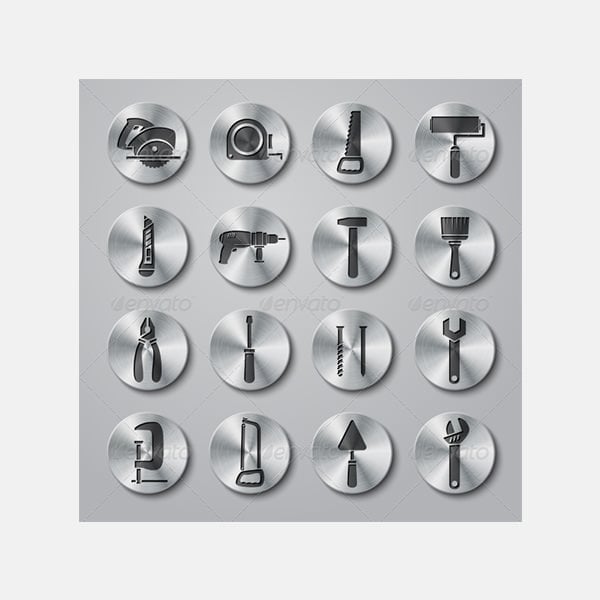 toolbox icons set on metal buttons