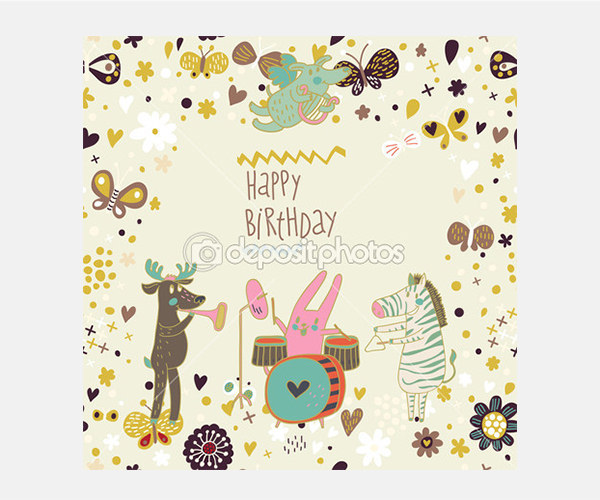 cartoon funny deer rabbit and zebra happy birthday