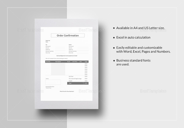 printable order confirmation template