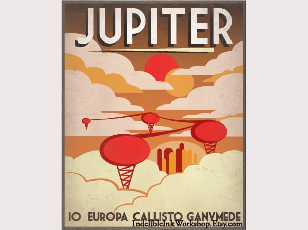 retro sci fi jupiter travel poster