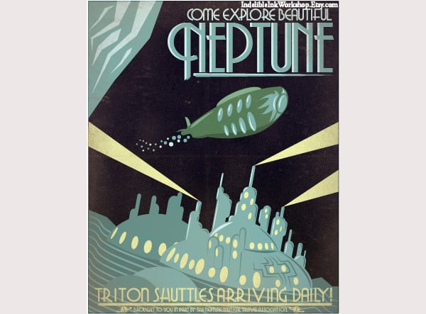 retro sci fi neptune travel poster