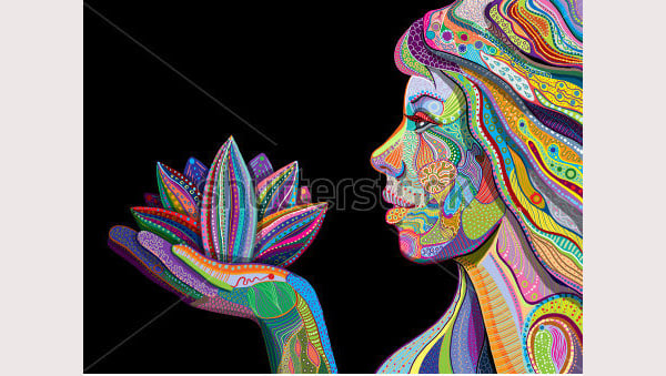 woman face with multicolored indian pattern holding lotus flower side view digital painting