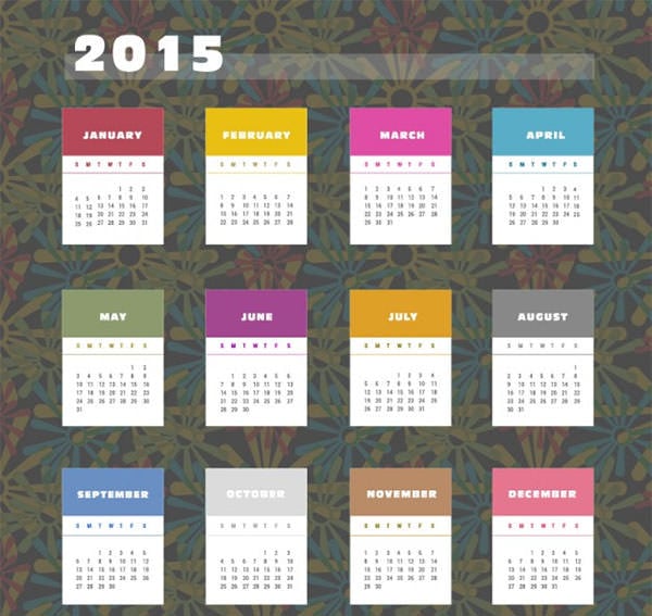 015 calendar with colorful labels