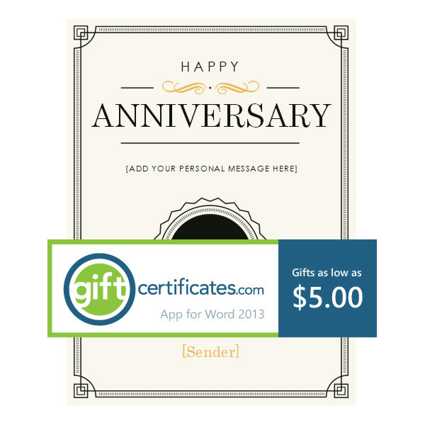 anniversary gift certificate