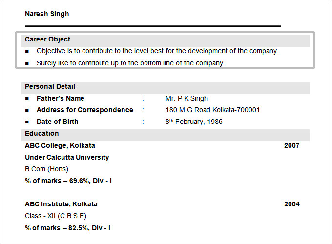 Bcom fresher resume