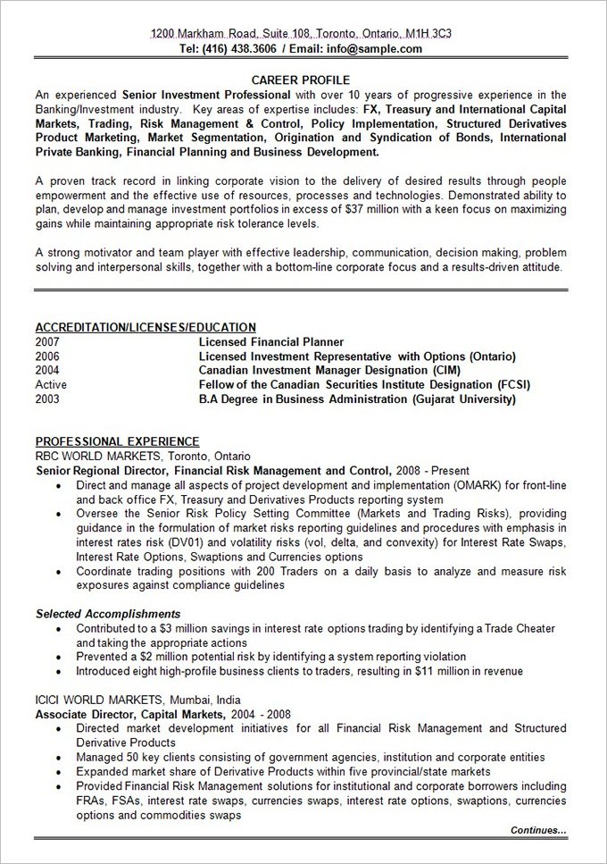 banking investment resume format template