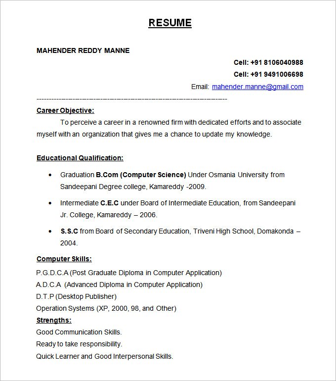 resume format free download for freshers