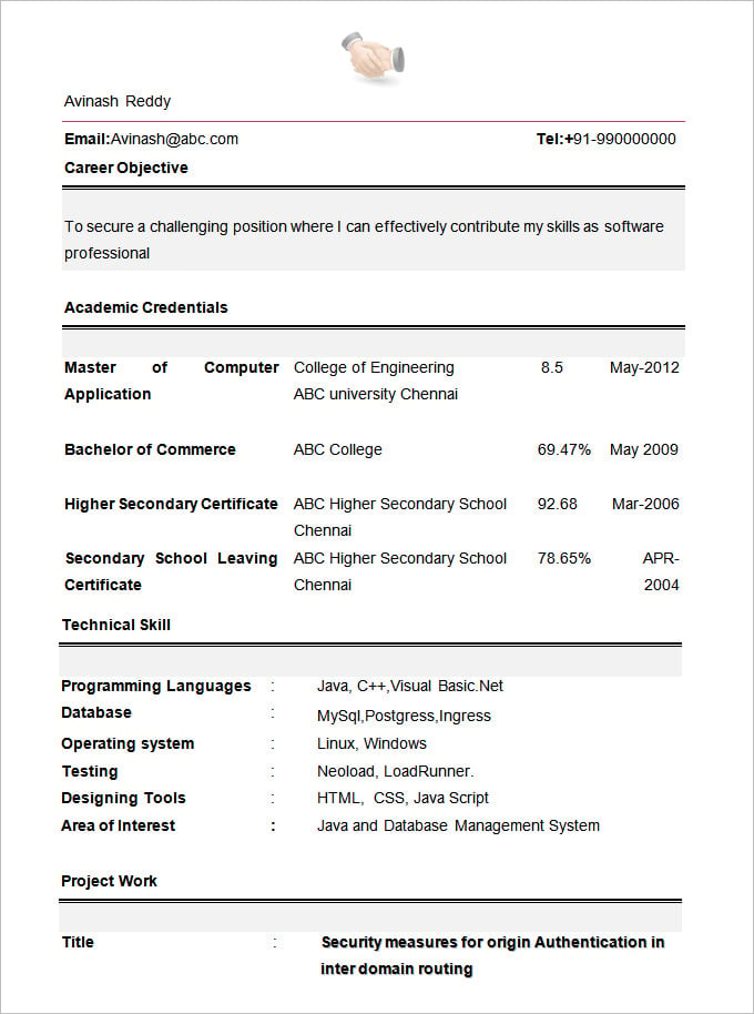 computer engineering resume template for freshers