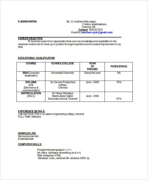 resume format for education details