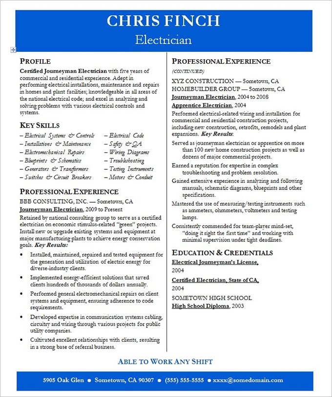 electrician resume example template
