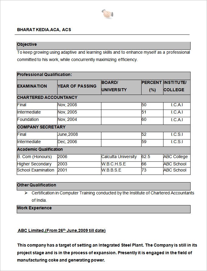 resume in tabular form