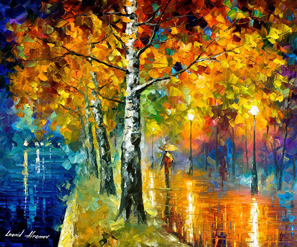 glowing birch oil painting