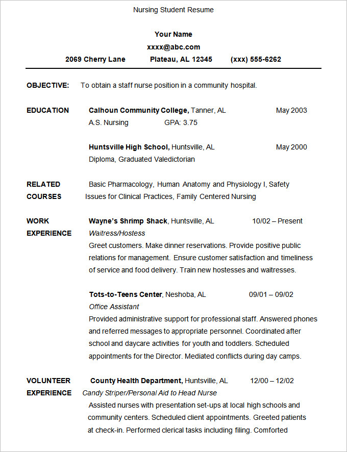 nursing student resume template sample