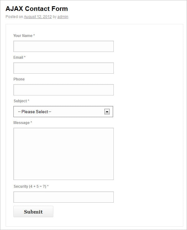 sample ajax contact form template