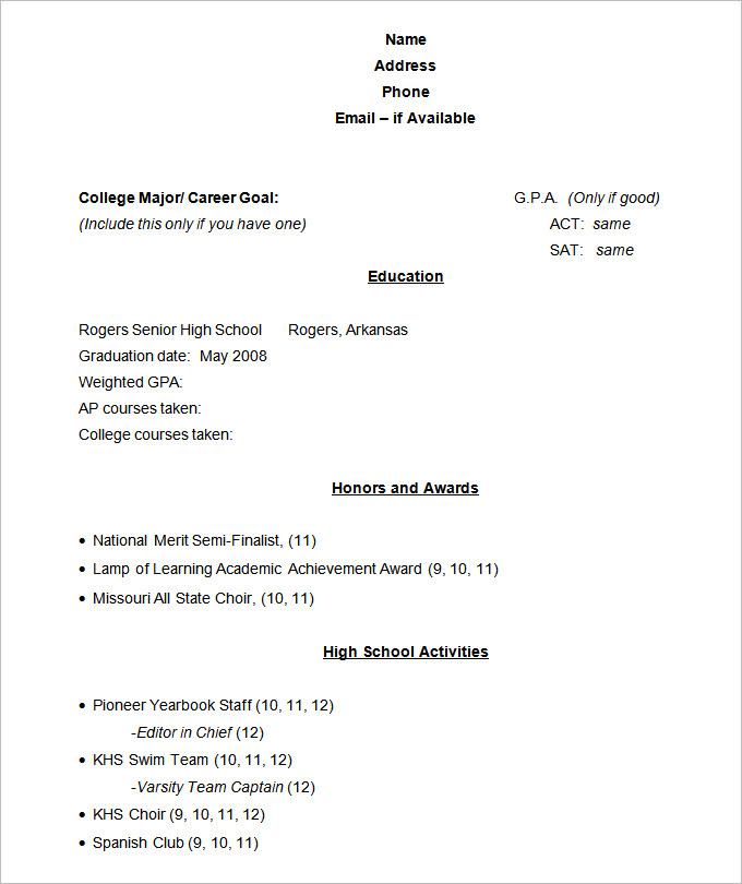 academic resume template high school