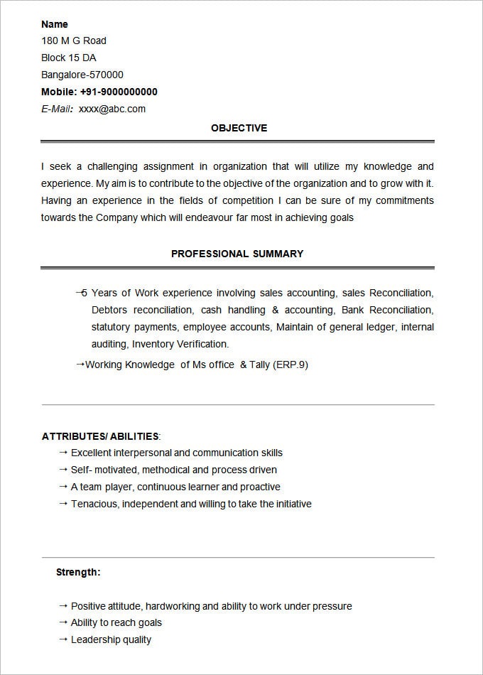 sample bcom graduate resume template