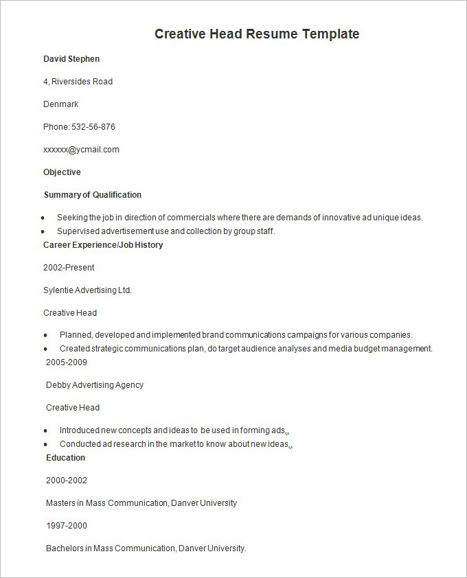 sample creative head resume template
