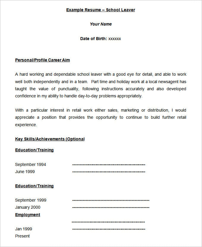 sample school leaver blank resume template