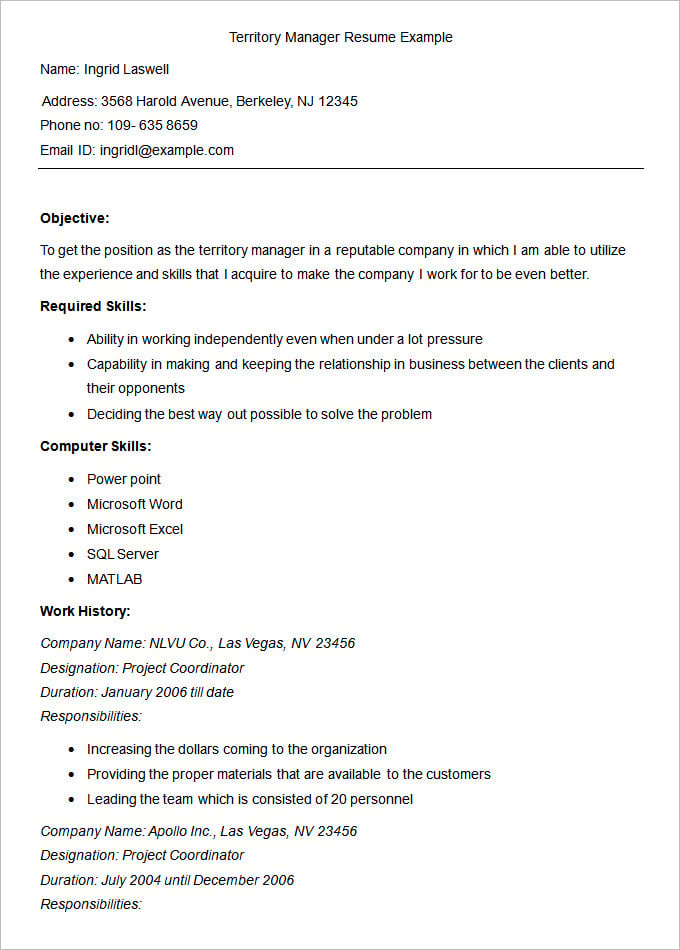 sample territory manager resume example