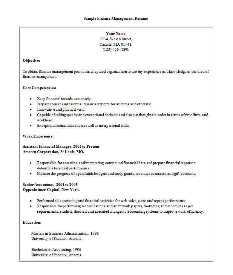 simple finance management resume