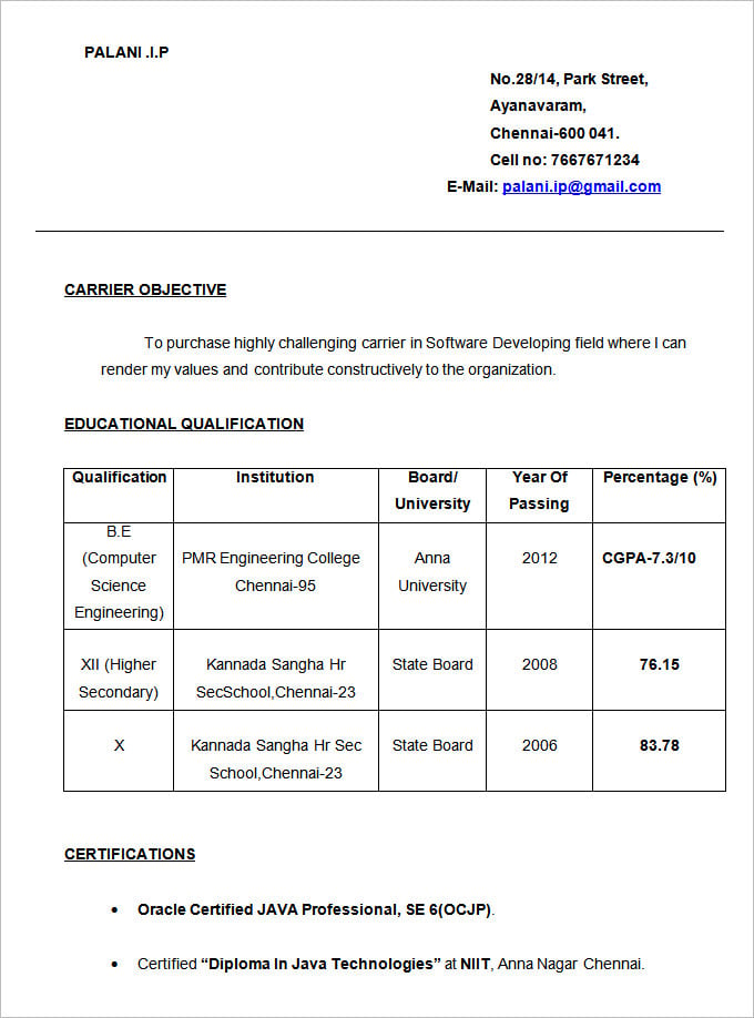 simple resume template free download word for freshers