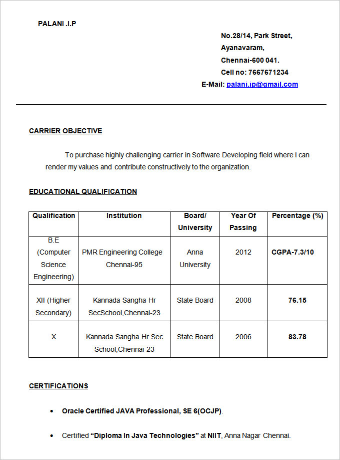 simple resume format model