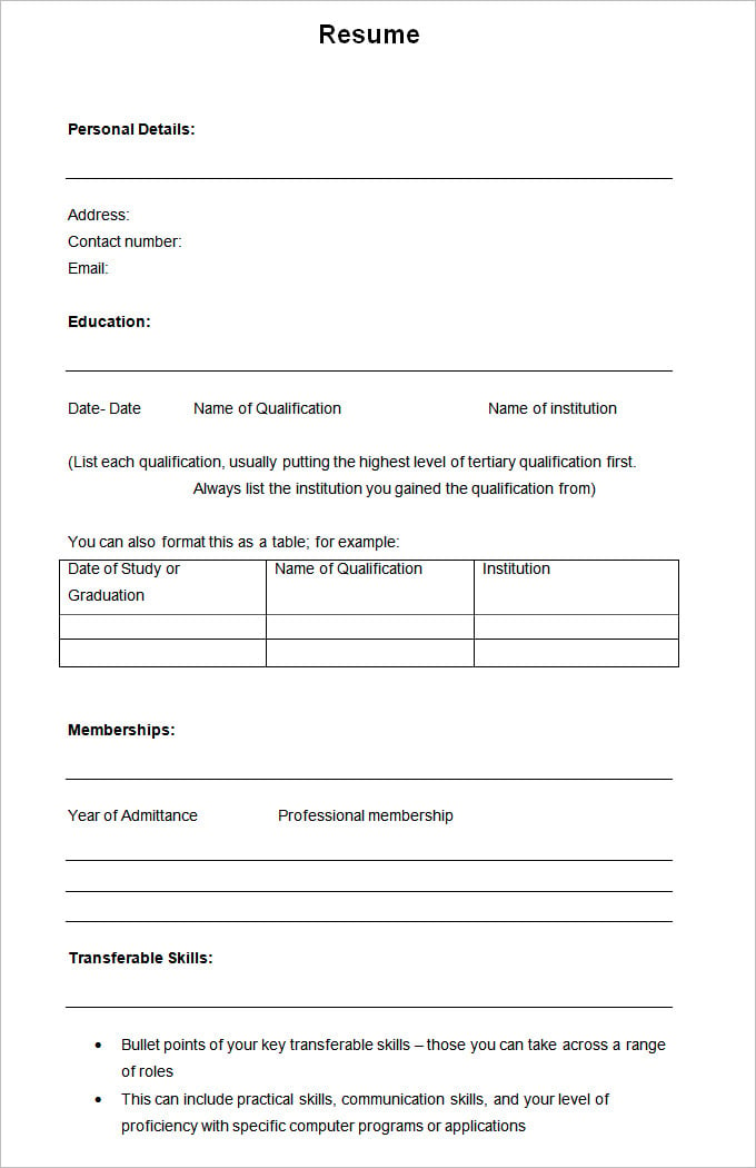 simple sample academic blank resume template