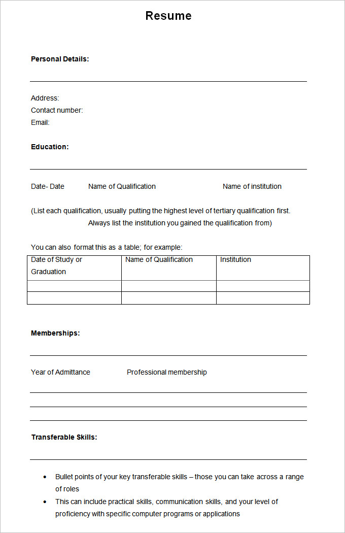 Free Printable Blank Resume Forms