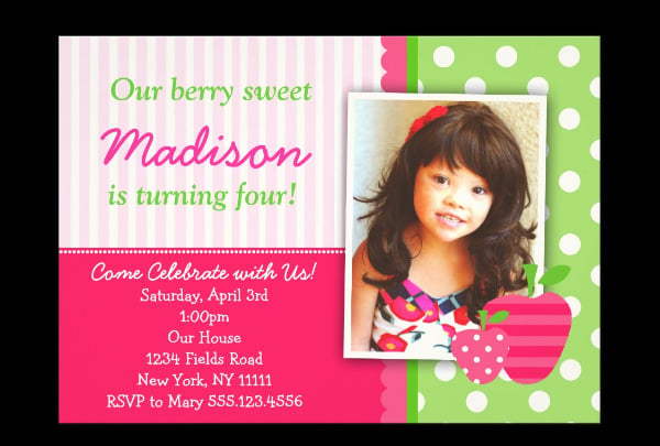 strawberry pink green birthday party invitations