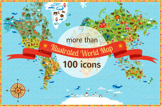 world map with more than 100 icons